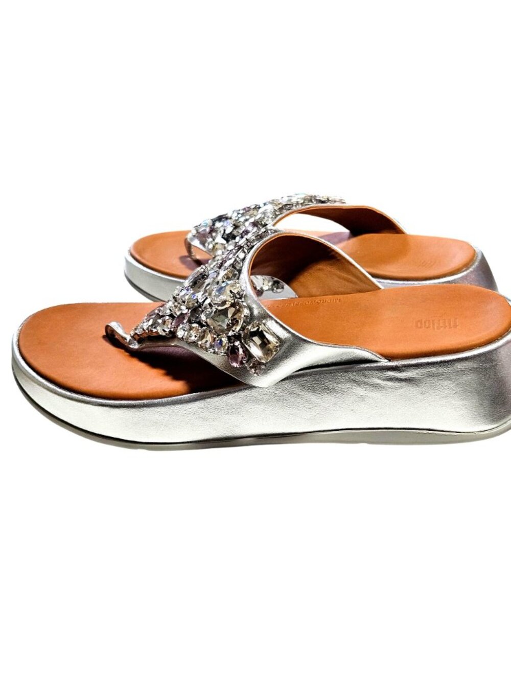 Woman's Fitflop boho rhinestone wedge style comfort silver summer flipflops 9 - Picture 4 of 8